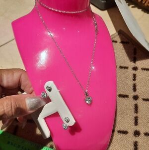 Genuine Solid Sterling Silver CZ Heart Necklace & Earring W/jacket Set Rhodium